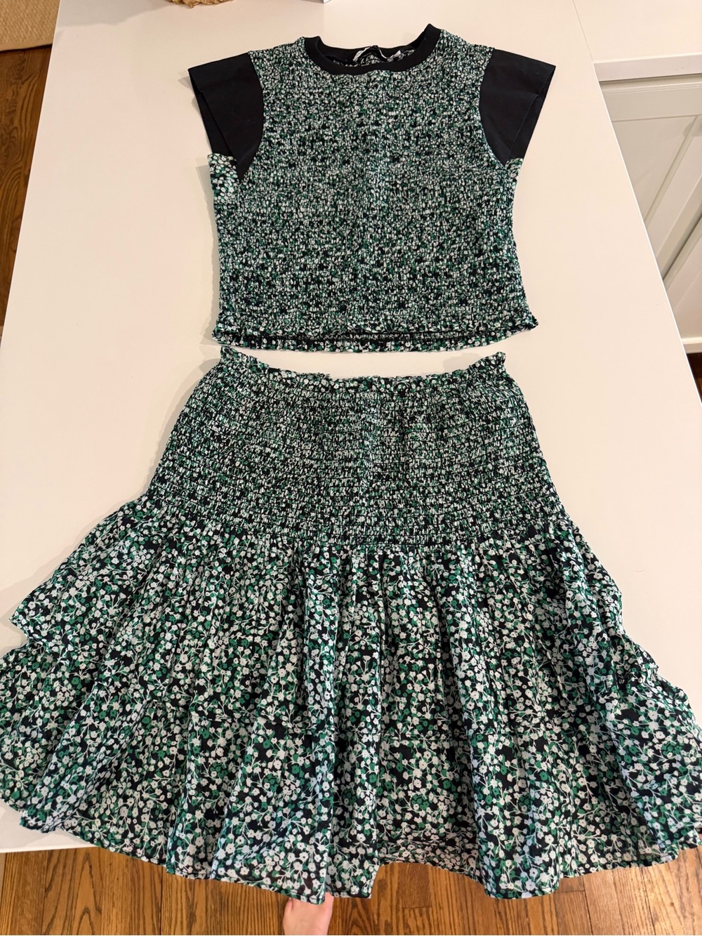 Rebecca Minkoff Green and Black Floral Two-Piece Skirt Set
